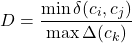 \[ D = \frac{\min { \delta(c_i, c_j) }}{\max {\Delta(c_k) }} \]