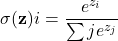 \[ \sigma(\mathbf{z})i = \frac{e^{z_i}}{\sum{j} e^{z_j}} \]