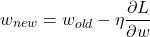 \[ w_{new} = w_{old} - \eta \frac{\partial L}{\partial w} \]